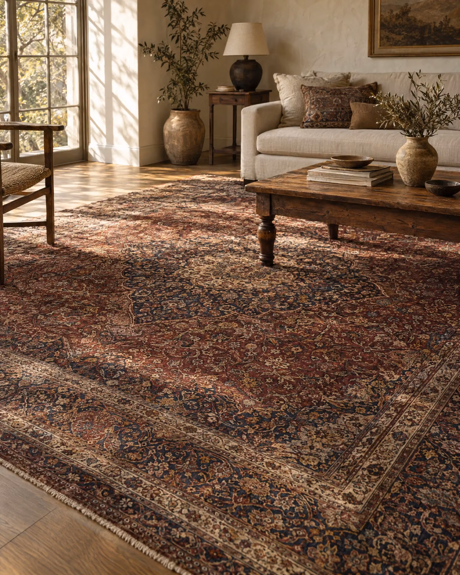 A richly patterned Persian-style rug in a warm, sunlit interior