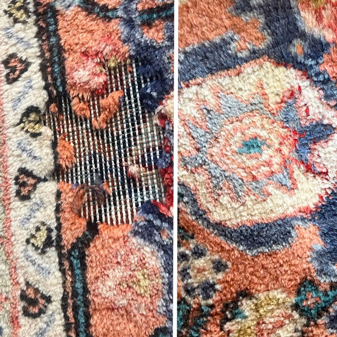 Side-by-side close-up of a patterned rug: exposed foundation on the left and a rewoven patterned section on the right.